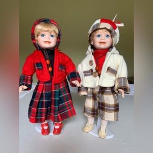 Collectible 2 vintage porcelain dolls 16” high twins blond girl & boy blue eyes